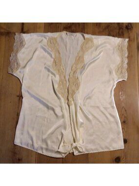 Vtg Farr West Lindsey Roscoe Womens S Cream Satin Lace Robe Short Open Front Tie